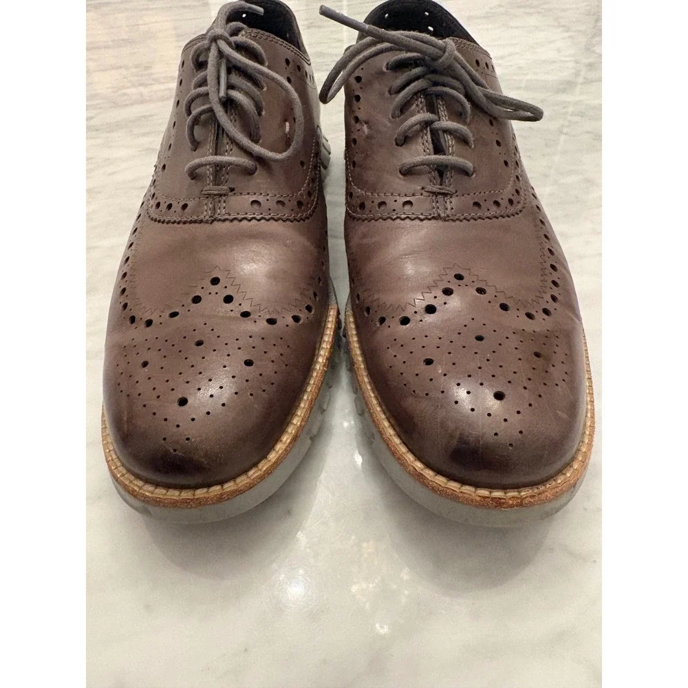 Cole Haan Zerogrand Wingtip Oxfords Brown Leather Brogue Gray Sole Men 9.5M Shoe